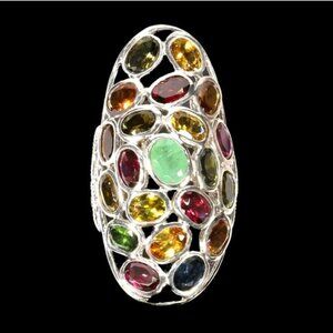 Natural Multi Color Tourmaline 7x5mm & Emerald 925 Sterling Silver‎ Ring Sz 8.25